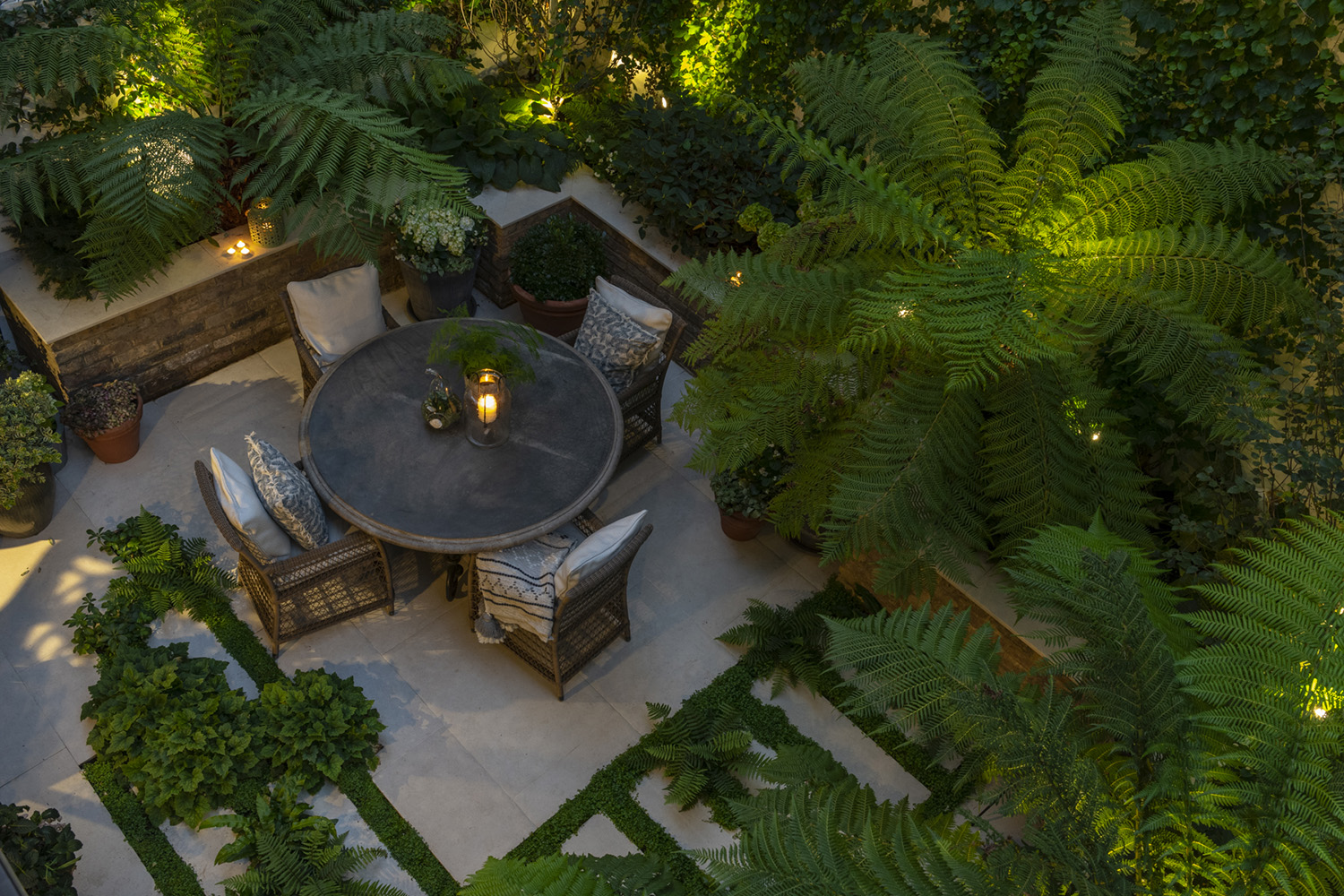 A bird's-eye view of an enclosed town courtyard