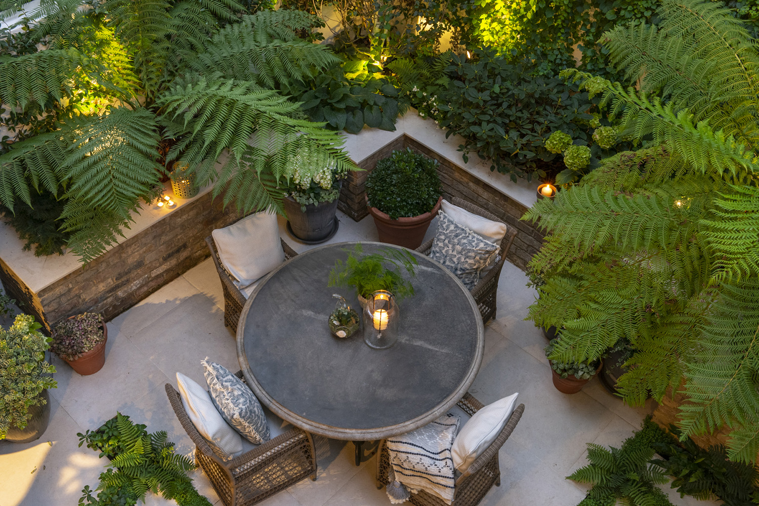 A bird's-eye view of an enclosed town courtyard