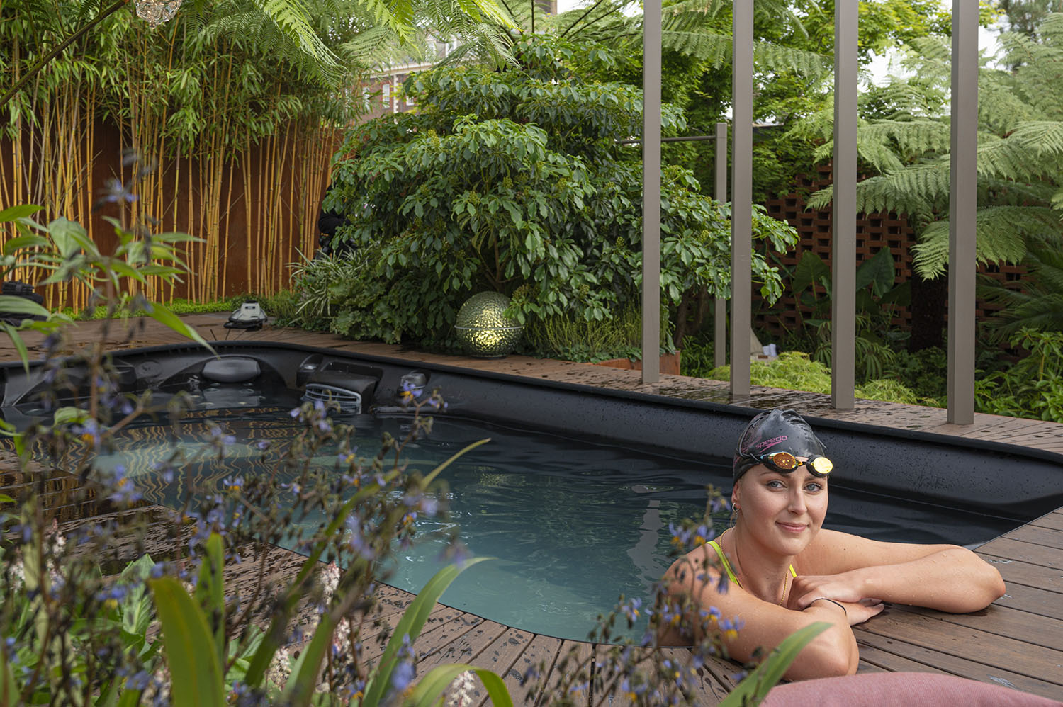 Jessica-Jane Applegate British Olympic swimmer in Kate Gould's 'Out of The Shadows' Garden - RHS Chelsea Flower Show 2022