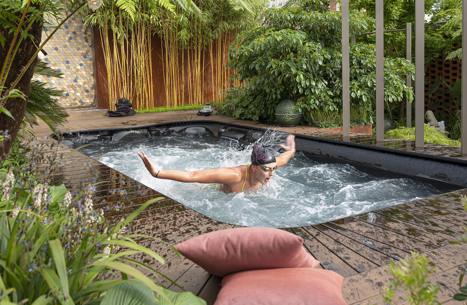 Jessica-Jane Applegate British Olympic swimmer in Kate Gould's 'Out of The Shadows' Garden - RHS Chelsea Flower Show 2022